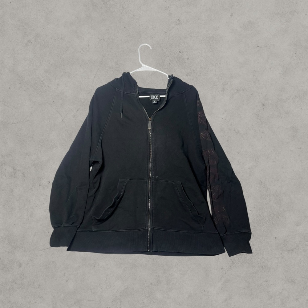 Ivy Park Womens Full Zip Hoodie Black Mesh Sleeve Graphic Activewear Medium